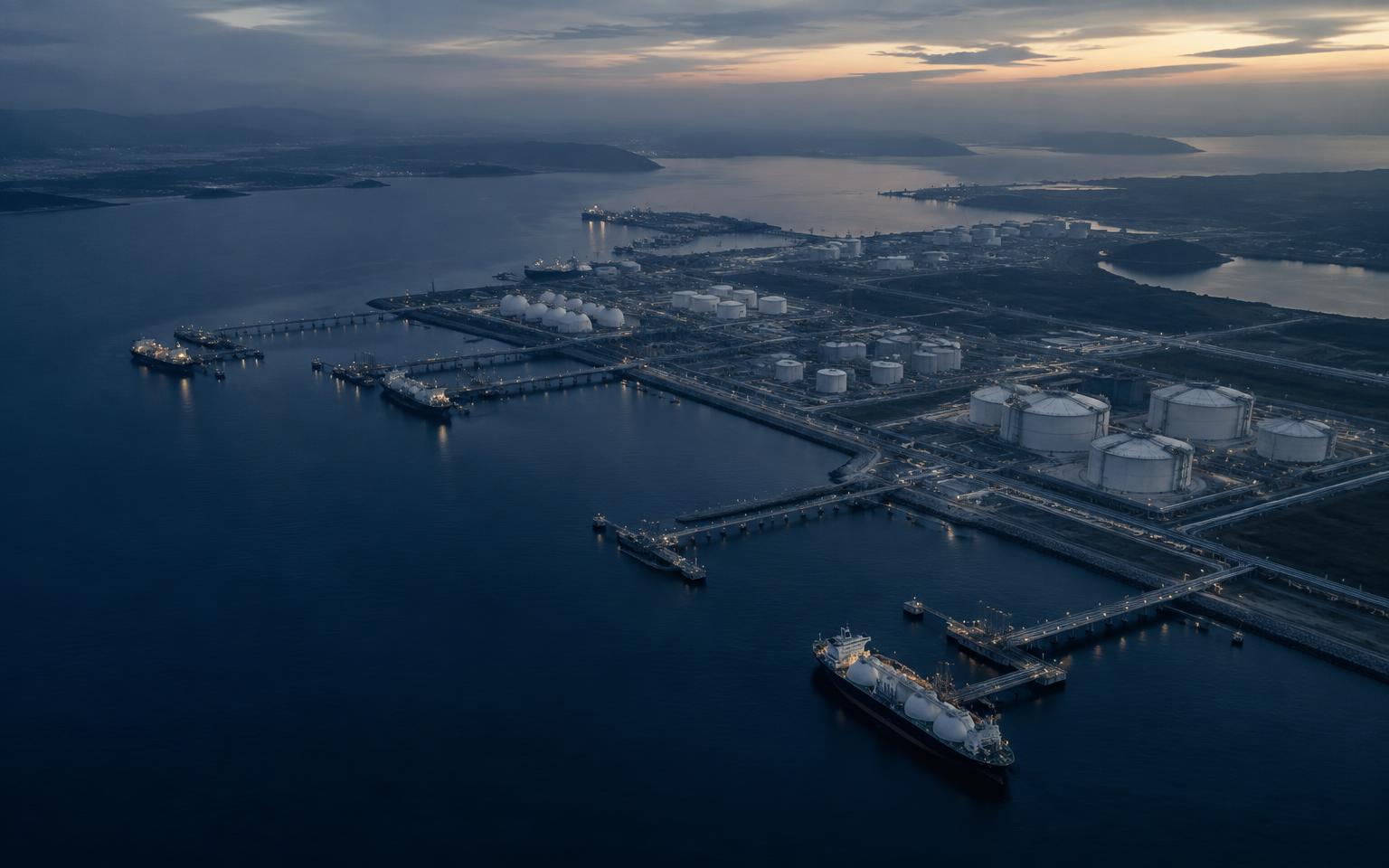 Aerial view at dusk of a coastal energy terminal with berths, storage tanks and moored vessels